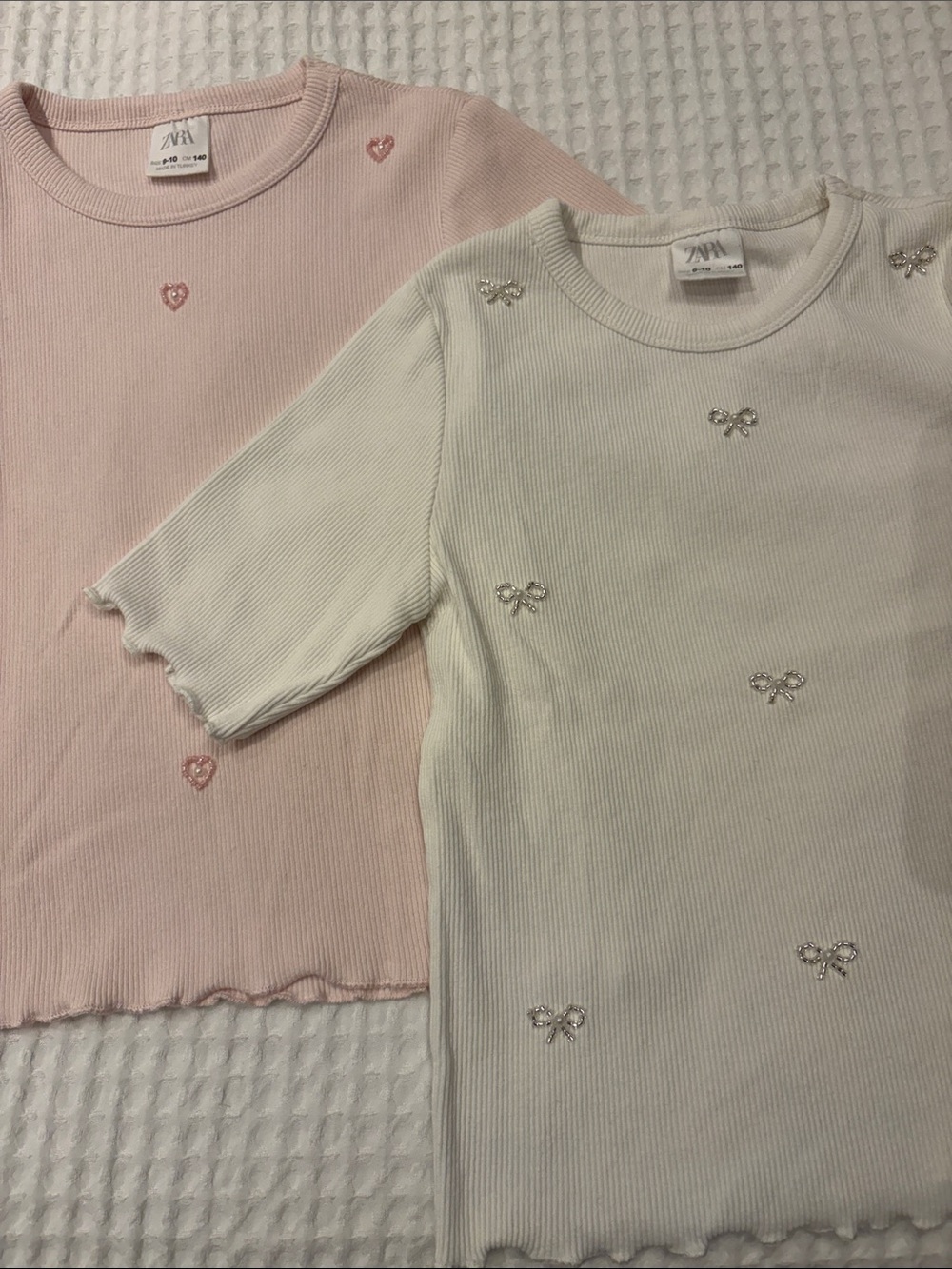 Zara Kids Ribbed Short-Sleeve Top in Light Pink and Cream